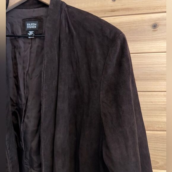 Eileen Fisher Size Large Chocolate Brown Open Front Goat Suede Blazer Jacket - Picture 2 of 15